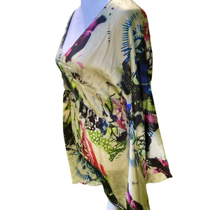 Adele Fado Silk Dress Medium Multicolor Print Draped Sleeves